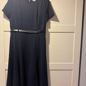 Calvin Klein Elegant Navy Blue Dress with gold zipper and Belt